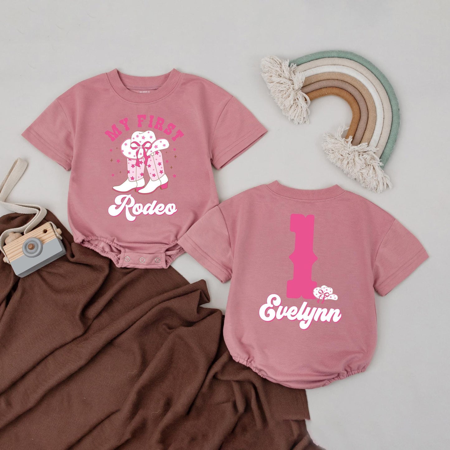 My First Rodeo Outfit Personalized Cowgirl Bubble Romper Western Baby Girl Clothes Retro Birthday Gift Toddler