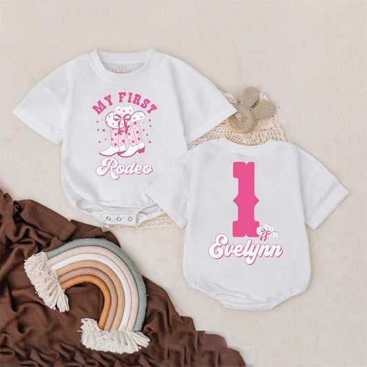 My First Rodeo Outfit Personalized Cowgirl Bubble Romper Western Baby Girl Clothes Retro Birthday Gift Toddler