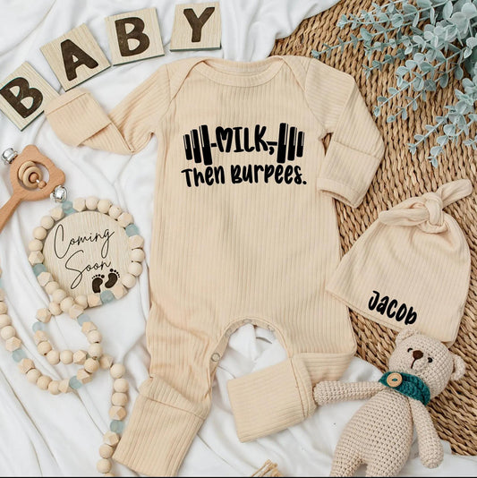 Personalized Milk Then Burpees Baby Bodysuit Funny Gym Workout Clothes Barbell Fitness Newborn Gift Gender Neutral Modern Monochrome Style
