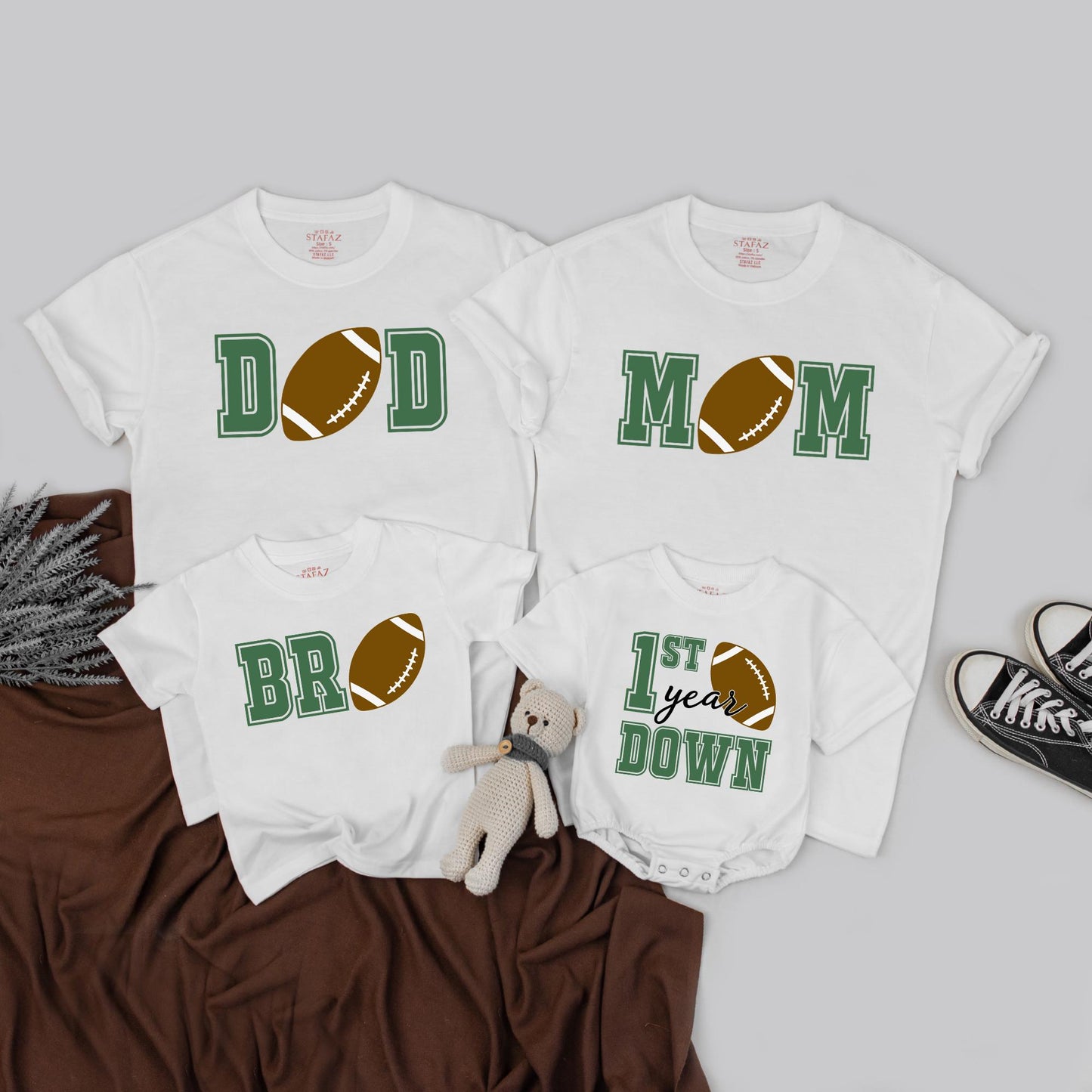 Matching First Year Down Football Family Shirts Custom Baby's 1st Birthday Outfit Game Day Party Clothes