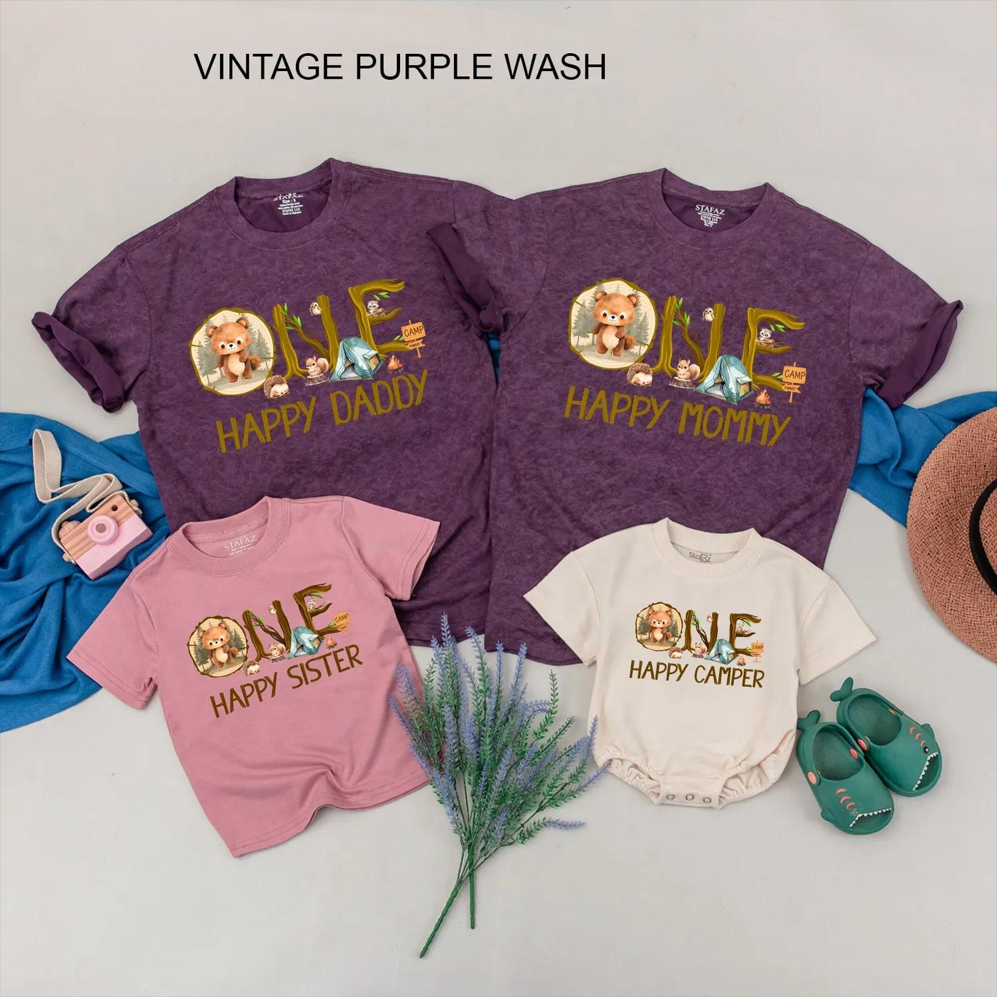 Personalized Happy Camper Family Matching Outfit 1st Birthday Baby Romper Outdoor Summer Adventure Gift for Mom Dad Toddler