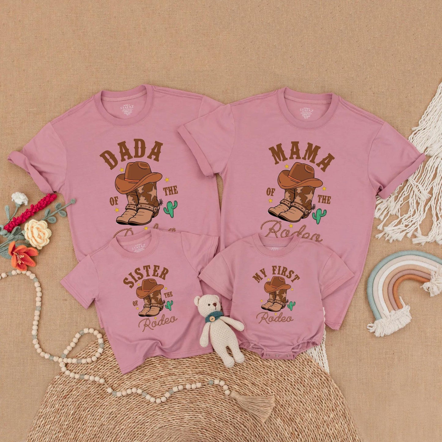 Dada Mama Brother My First Rodeo Birthday Matching Family Shirts Western Cowboy Boots Cactus Stars Rope Font