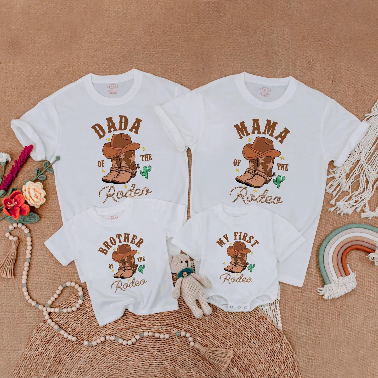 Dada Mama Brother My First Rodeo Birthday Matching Family Shirts Western Cowboy Boots Cactus Stars Rope Font