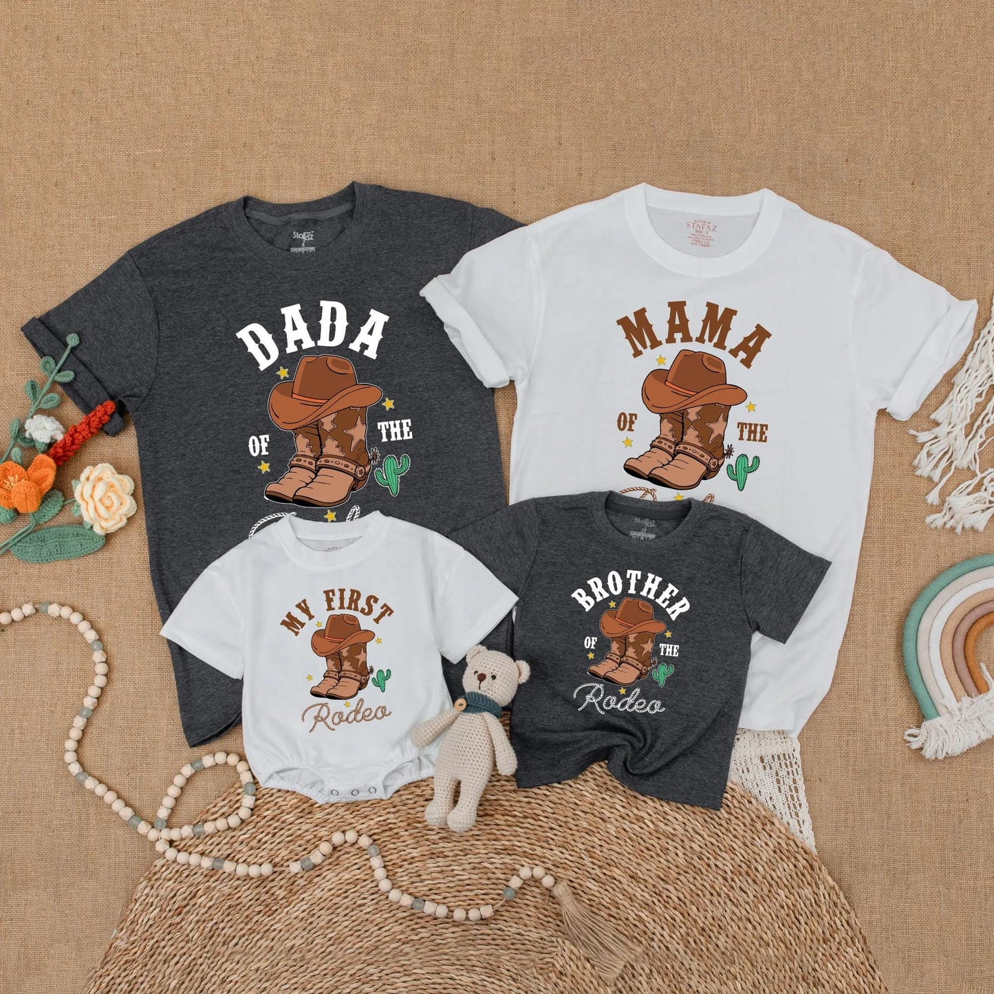Dada Mama Brother My First Rodeo Birthday Matching Family Shirts Western Cowboy Boots Cactus Stars Rope Font