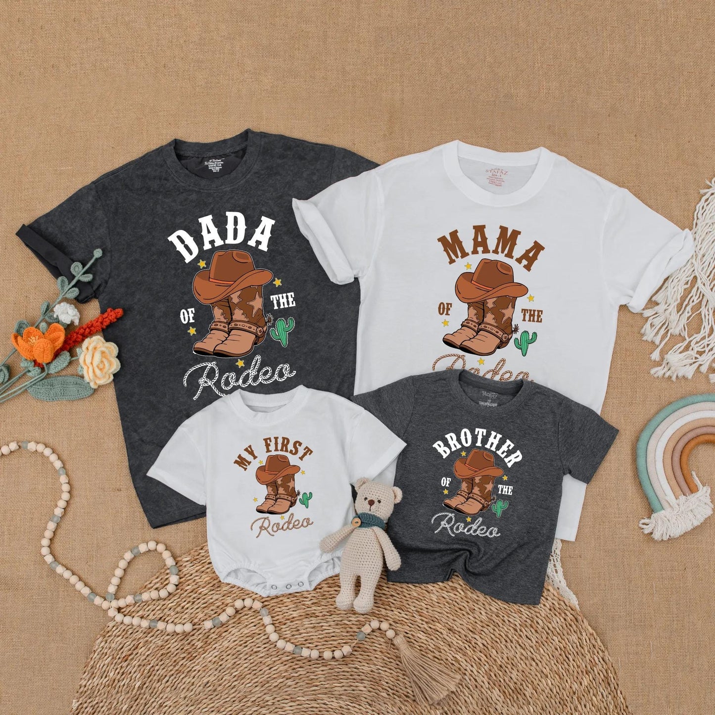 Dada Mama Brother My First Rodeo Birthday Matching Family Shirts Western Cowboy Boots Cactus Stars Rope Font