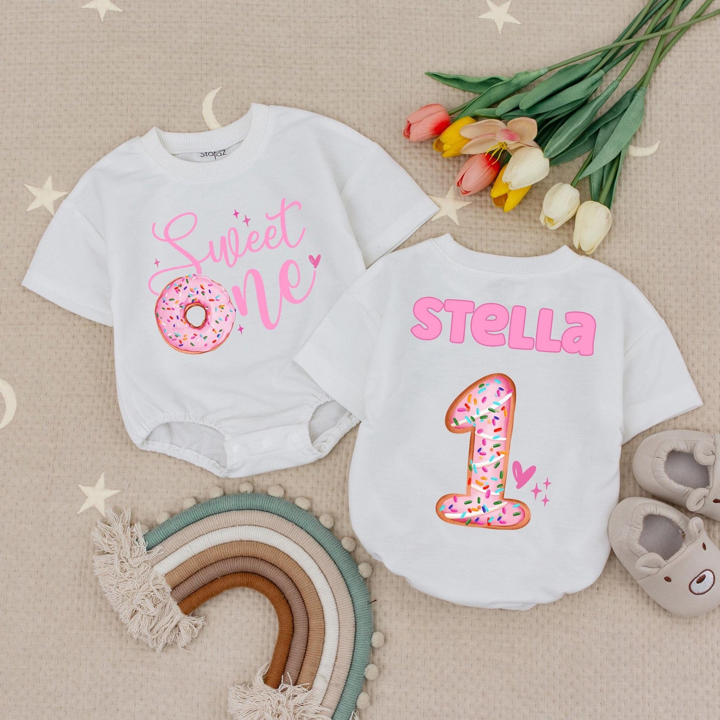 Sweet One Donut Birthday Baby Romper Pink Donut Sprinkle "Sweet One" Girl First Birthday Outfit