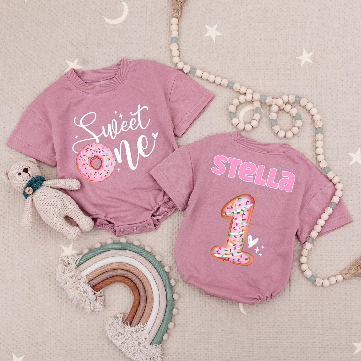 Sweet One Donut Birthday Baby Romper Pink Donut Sprinkle "Sweet One" Girl First Birthday Outfit