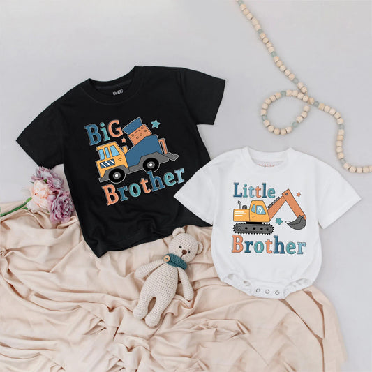 Matching Big Brother Little Brother Construction Truck Shirts Boy Birthday Gift Outfit Baby Toddler Clothes, Digger Design