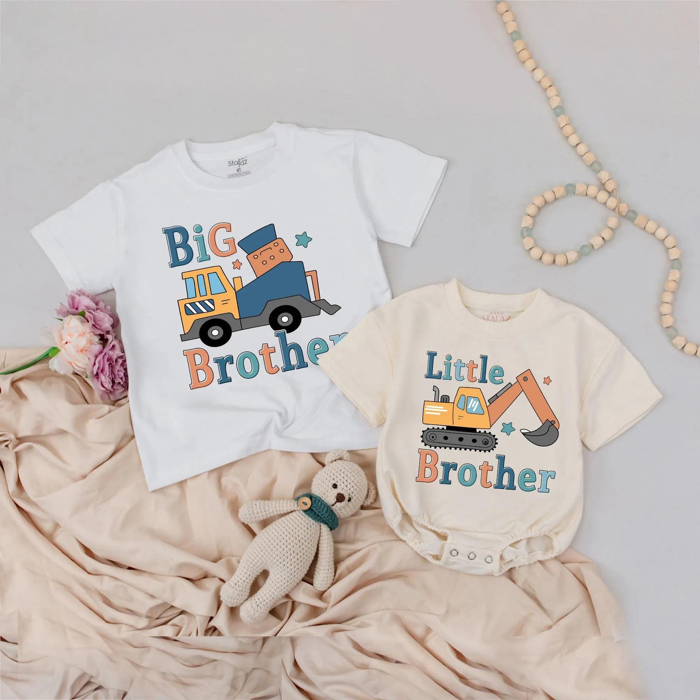 Matching Big Brother Little Brother Construction Truck Shirts Boy Birthday Gift Outfit Baby Toddler Clothes, Digger Design