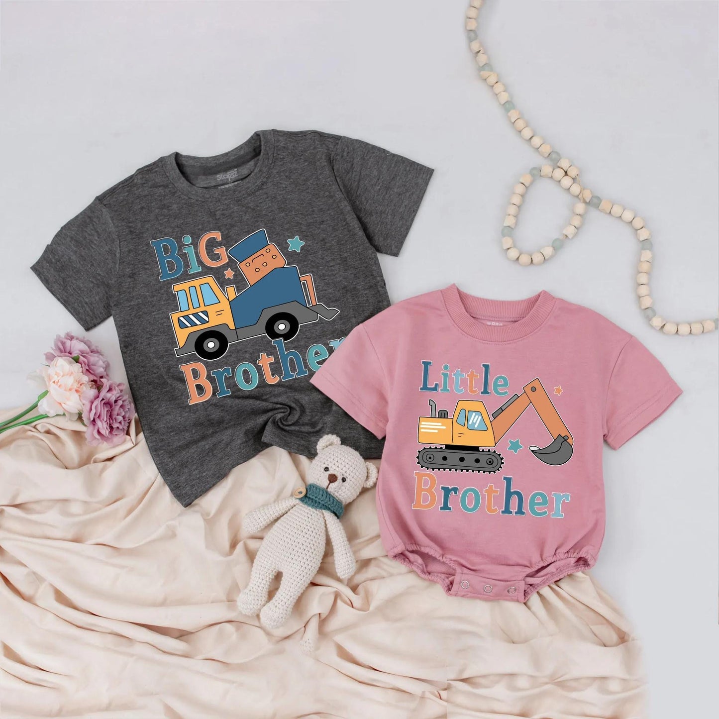 Matching Big Brother Little Brother Construction Truck Shirts Boy Birthday Gift Outfit Baby Toddler Clothes, Digger Design