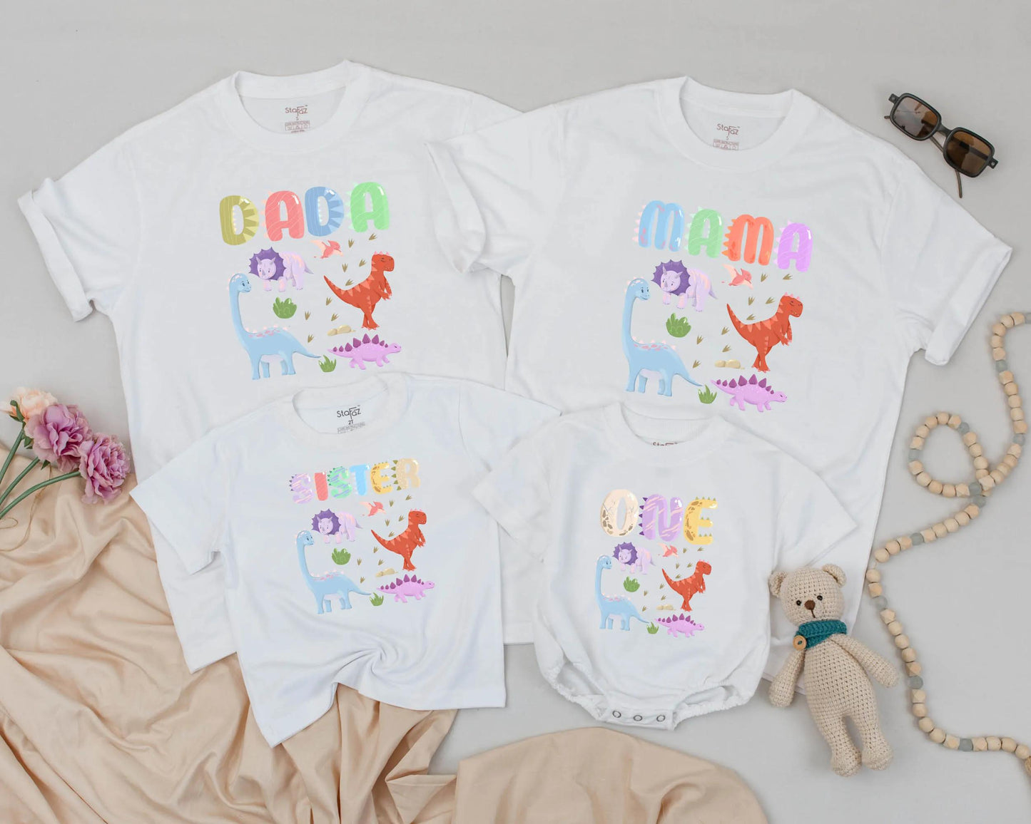 Dinosaur Family Matching Birthday Outfits Baby First Birthday Mommy and Me Colorful Jurassic Theme Party