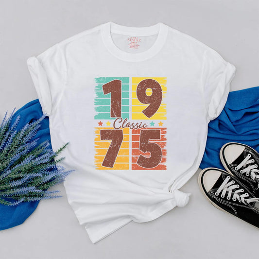 Personalized 1975 Birthday Shirt, Retro 50th Birthday Gift, Turquoise Yellow Orange Stripes, Classic Vintage Style, Custom Made Year Gift Idea