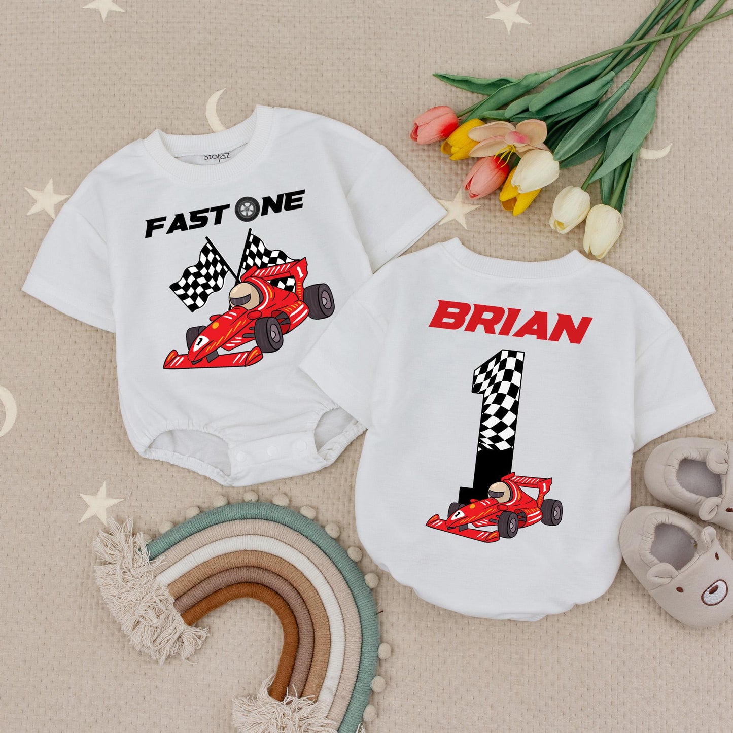 Fast One 1st Birthday Race Car Baby Romper with Checkered Flag Design, Number One Brian Racing Theme Outfit for Boys Infant Celebration