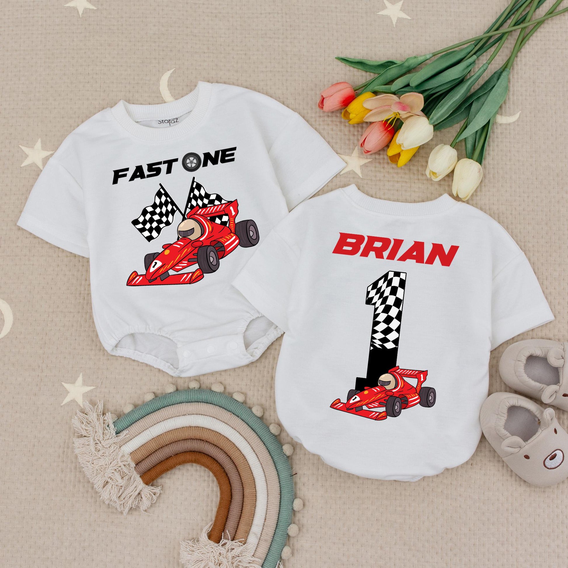 Fast One 1st Birthday Race Car Baby Romper with Checkered Flag Design, Number One Brian Racing Theme Outfit for Boys Infant Celebration