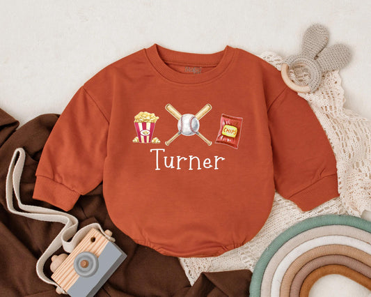 Custom Name Baseball T-Shirt Romper Baby Boy Baseball Fan Outfit Popcorn Snack Design Summer Gift Idea