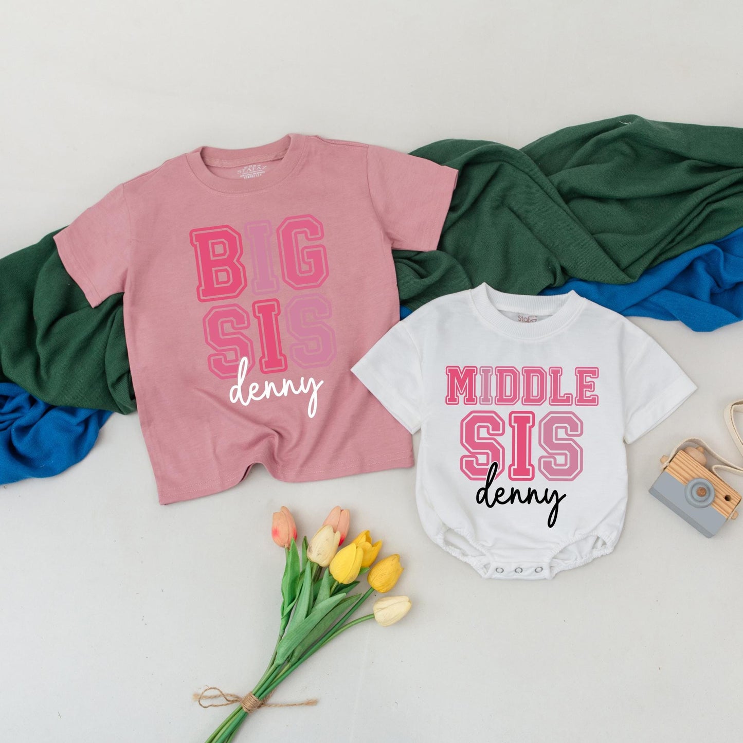 Personalized Sister Matching Outfits: Big, Middle, Lil Sis Shirts for Baby Girl - Custom Name Sibling Announcement Tees