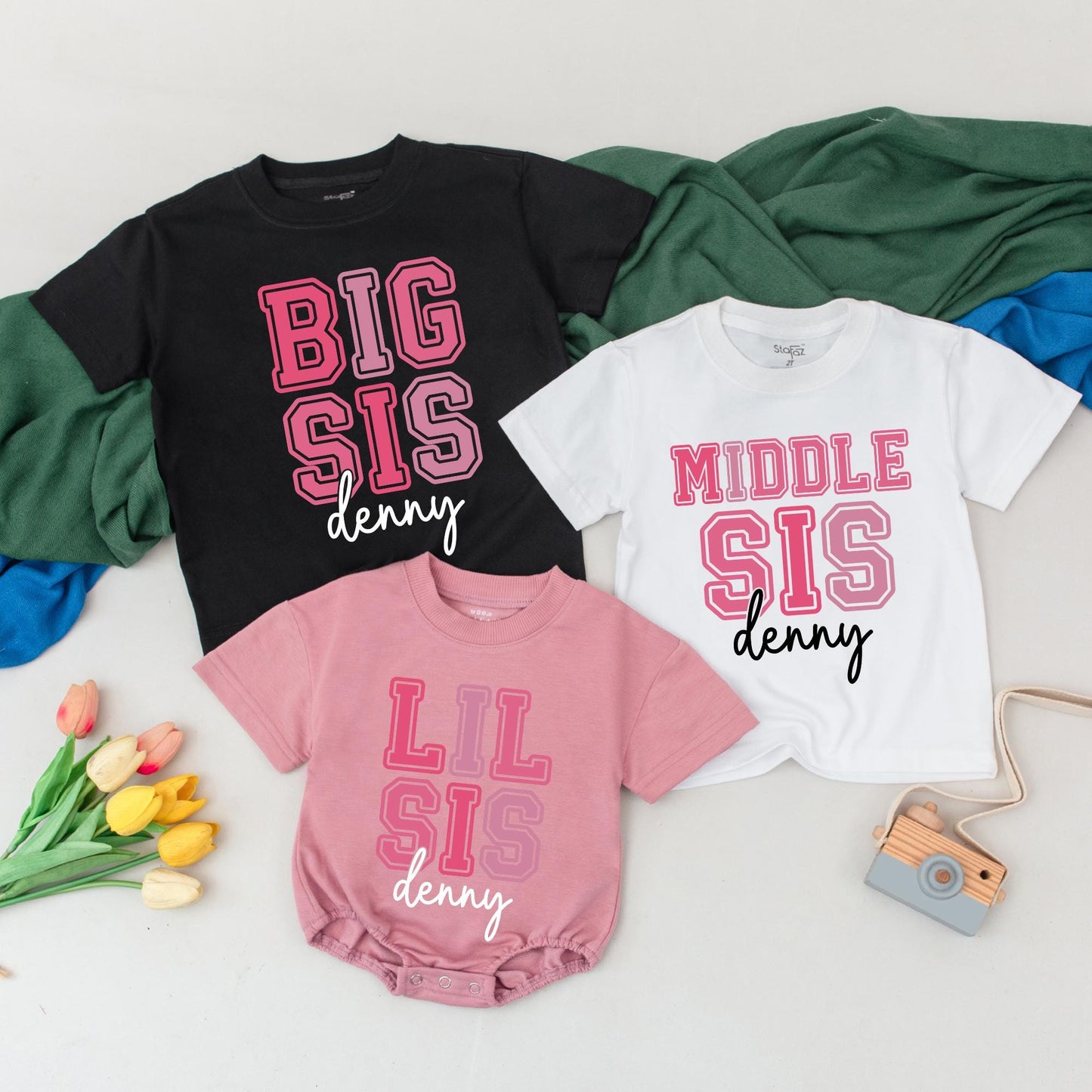 Personalized Sister Matching Outfits: Big, Middle, Lil Sis Shirts for Baby Girl - Custom Name Sibling Announcement Tees