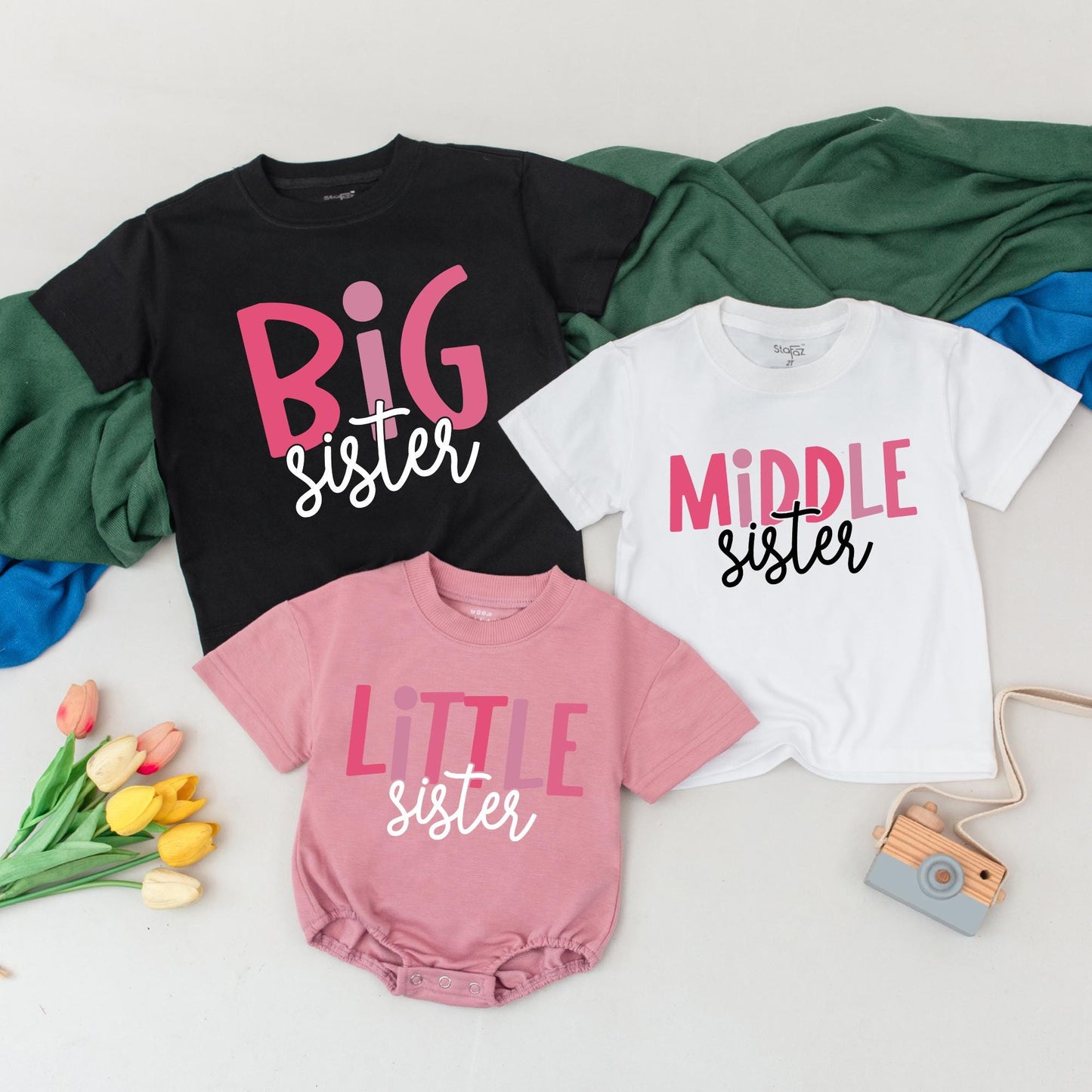 Personalized Sister Matching Outfits Big Middle Little Sister Shirts Baby Toddler Girl Whimsical Pink Black Cursive Font Sibling Reveal Gift