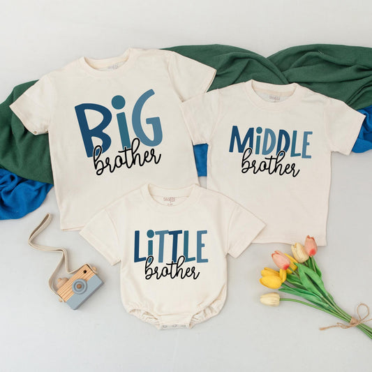 Matching Big, Middle, Little Brother Shirts: Sibling Reveal Outfit, Personalized Baby Brother Tees, Toddler Gift Set, Birthday Announcement Outfit