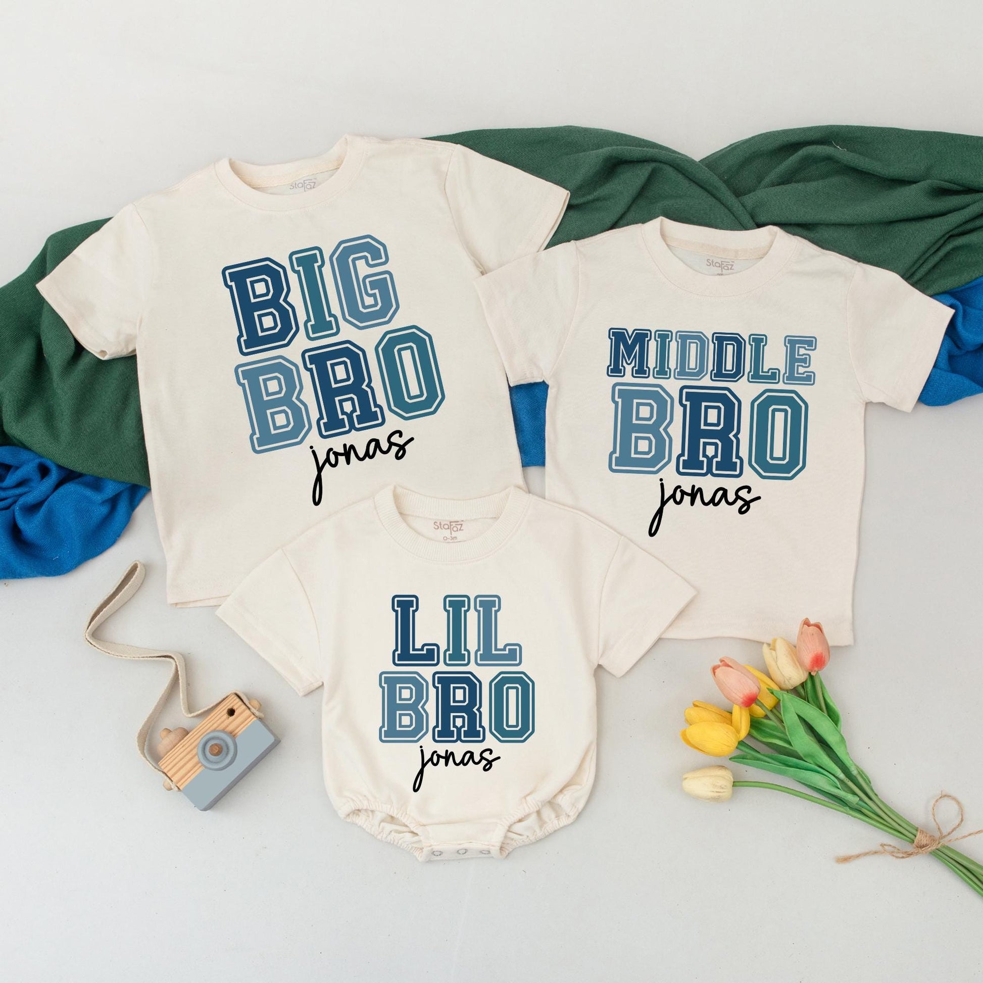 Custom Big Bro Middle Bro Lil Bro Matching Outfits Personalized Name Baby Boy Gift Sibling Reveal Tees