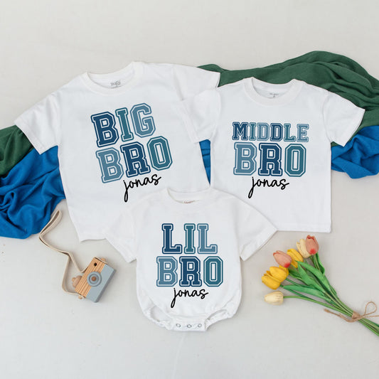 Custom Big Bro Middle Bro Lil Bro Matching Outfits Personalized Name Baby Boy Gift Sibling Reveal Tees