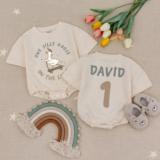 Silly Goose on the Loose Baby Romper First Birthday Outfit Cute Cartoon Scooter Bodysuit Natural Soft Cotton One Year Old Funny Farm Animal
