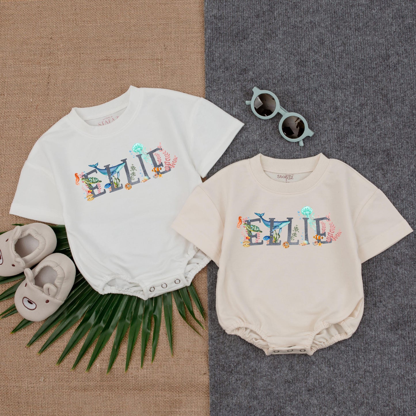 Personalized Ocean Theme Baby Bubble Romper Sea Animal Summer Name Outfit for Boys and Girls Soft Comfortable T-Shirt Style One Piece