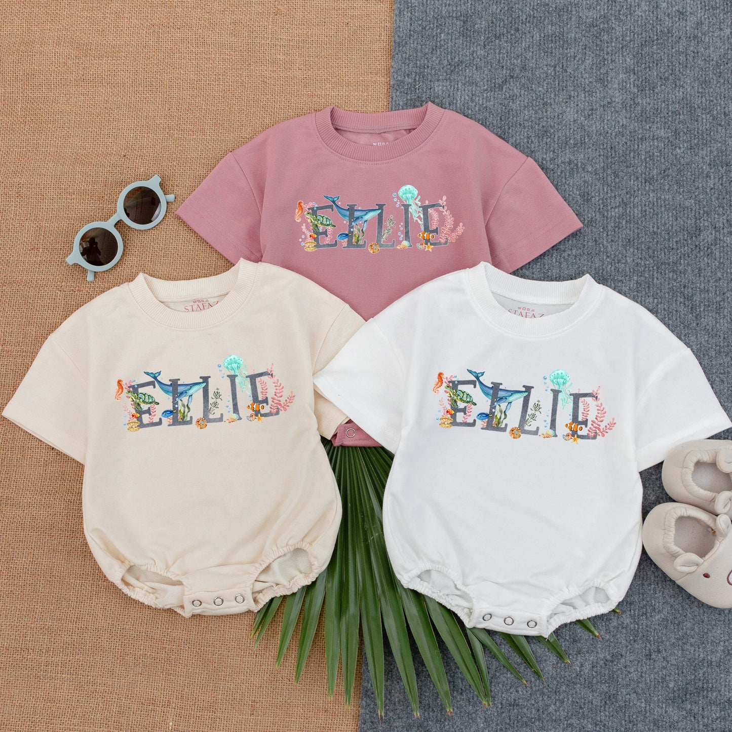 Personalized Ocean Theme Baby Bubble Romper Sea Animal Summer Name Outfit for Boys and Girls Soft Comfortable T-Shirt Style One Piece