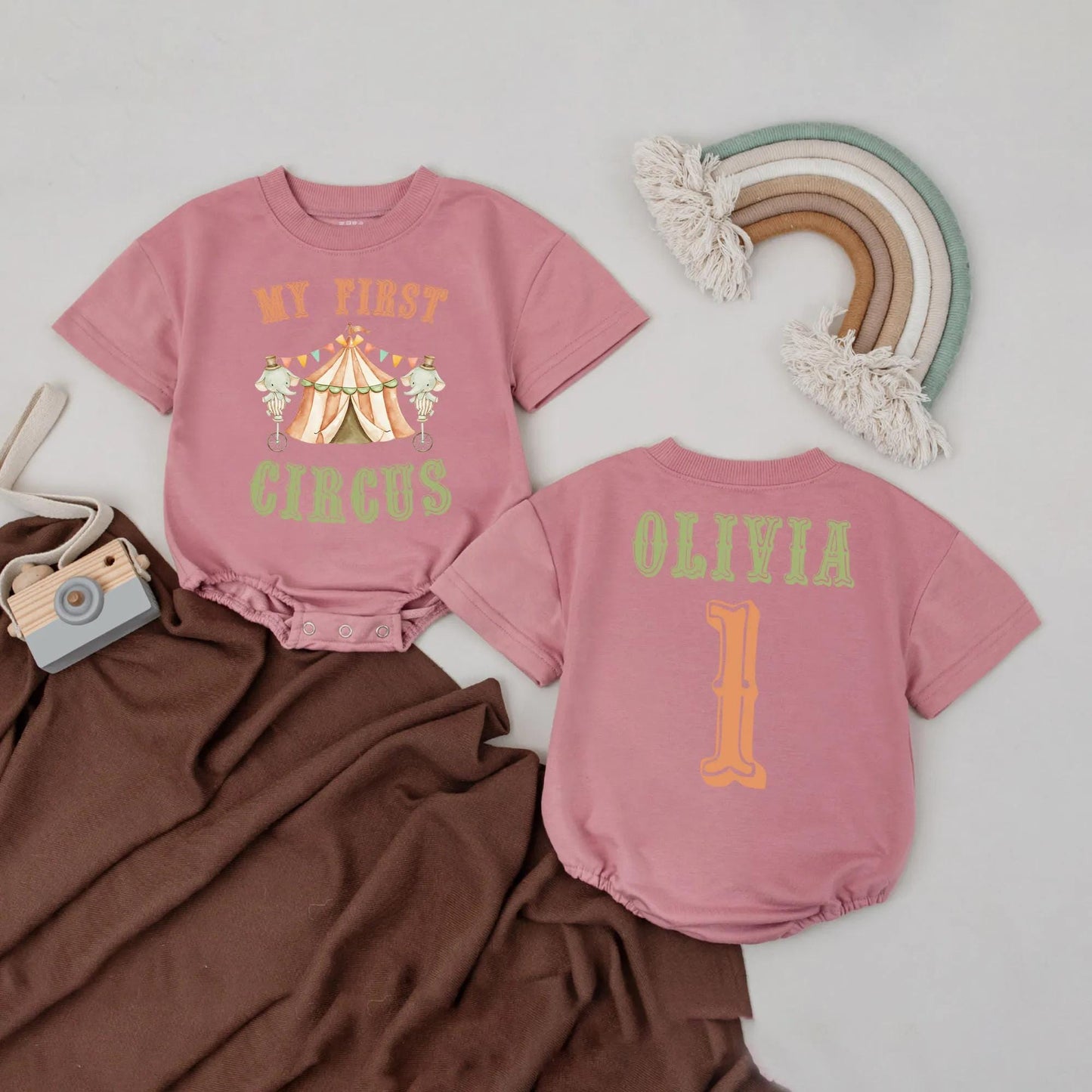 My First Circus Romper Personalized 1st Birthday Outfit Retro Carnival Tent Theme Custom Name Celebration Clothes Baby