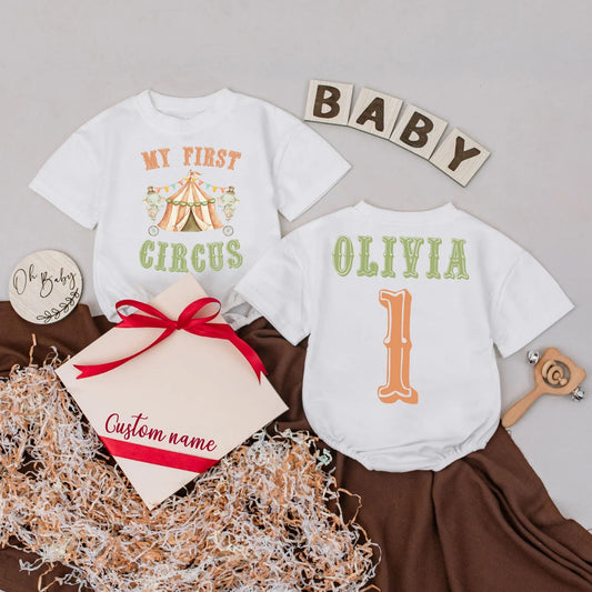 My First Circus Romper Personalized 1st Birthday Outfit Retro Carnival Tent Theme Custom Name Celebration Clothes Baby