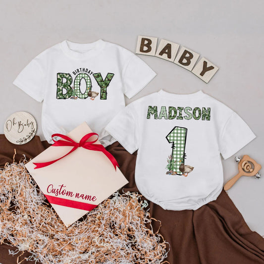 Lucky Duck 1st Birthday Romper Baby Boy Outfit One Lucky Duck Theme Custom Name Green Gingham First Birthday Bubble Baby Shower Gift