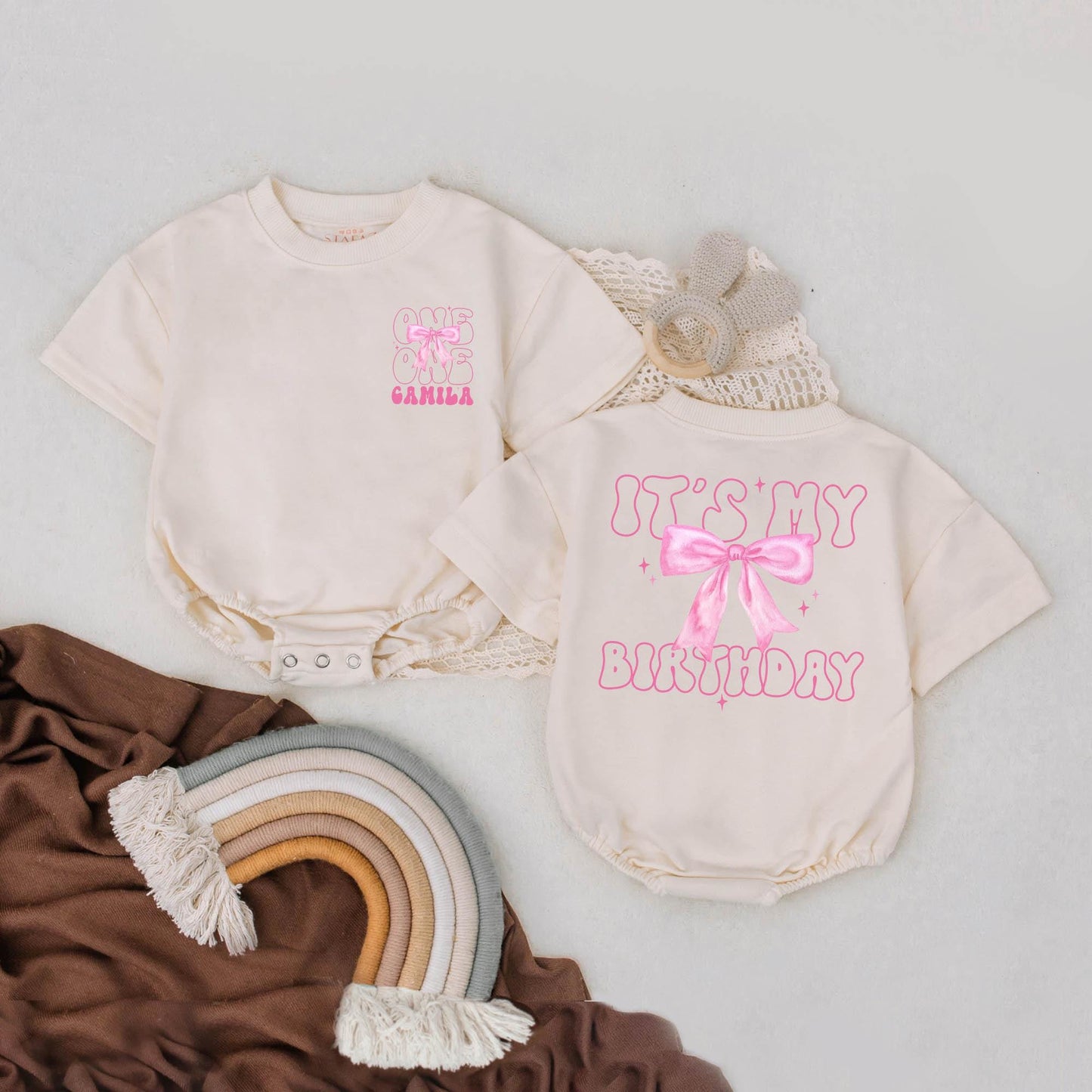 Baby Girl First Birthday Outfit: Custom Name Pink Bow Romper, It's My Birthday! One Year Gift Milestone Clothes