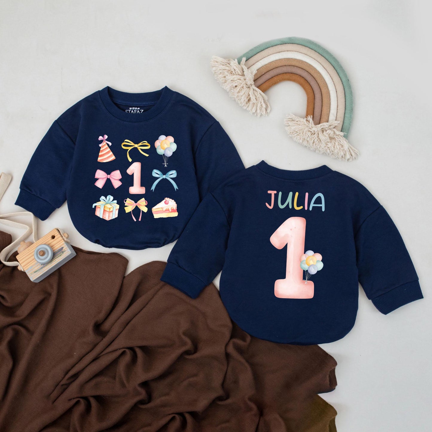 Custom First Birthday Shirt for Girls with Colorful Balloon Bow Design Personalized Name One Year Old Toddler Tee