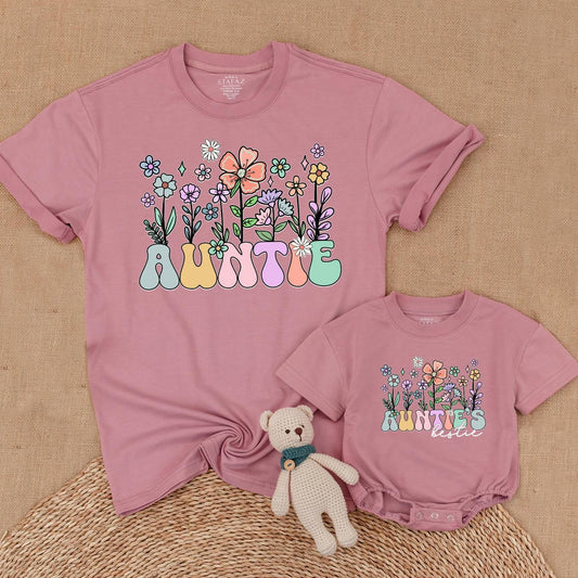 Auntie & Bestie Wildflower Matching Shirts Boho Baby Bodysuit Outfit Gift for Niece