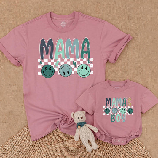 Retro Smiley Face Mama's Boy Matching Shirts: Mommy and Me Outfits, Baby Bodysuit, New Mom Gift, Checkered Design