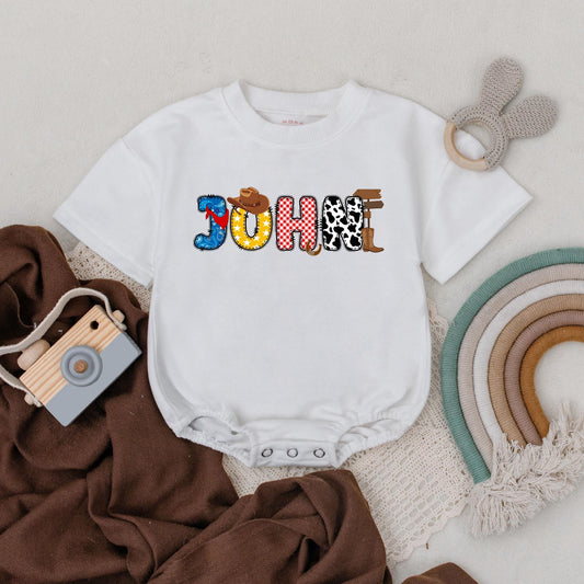 Personalized Cowboy Birthday Romper, Patchwork Name Outfit, Retro Western Baby Boy Clothes, First Birthday, Wild West Bodysuit, Custom Gift, Infant Apparel