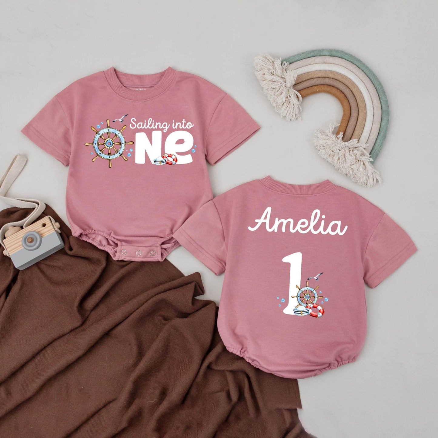 Personalized Sailing Baby Bubble Romper First Birthday Ocean Theme Outfit with Name for Beach Photoshoot Party Gift Nautical Style Summer Wear