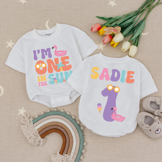 Personalized Sadie "One in the Sun" 1st Birthday Romper Girl Tropical Flamingo Pool Party Outfit Summer