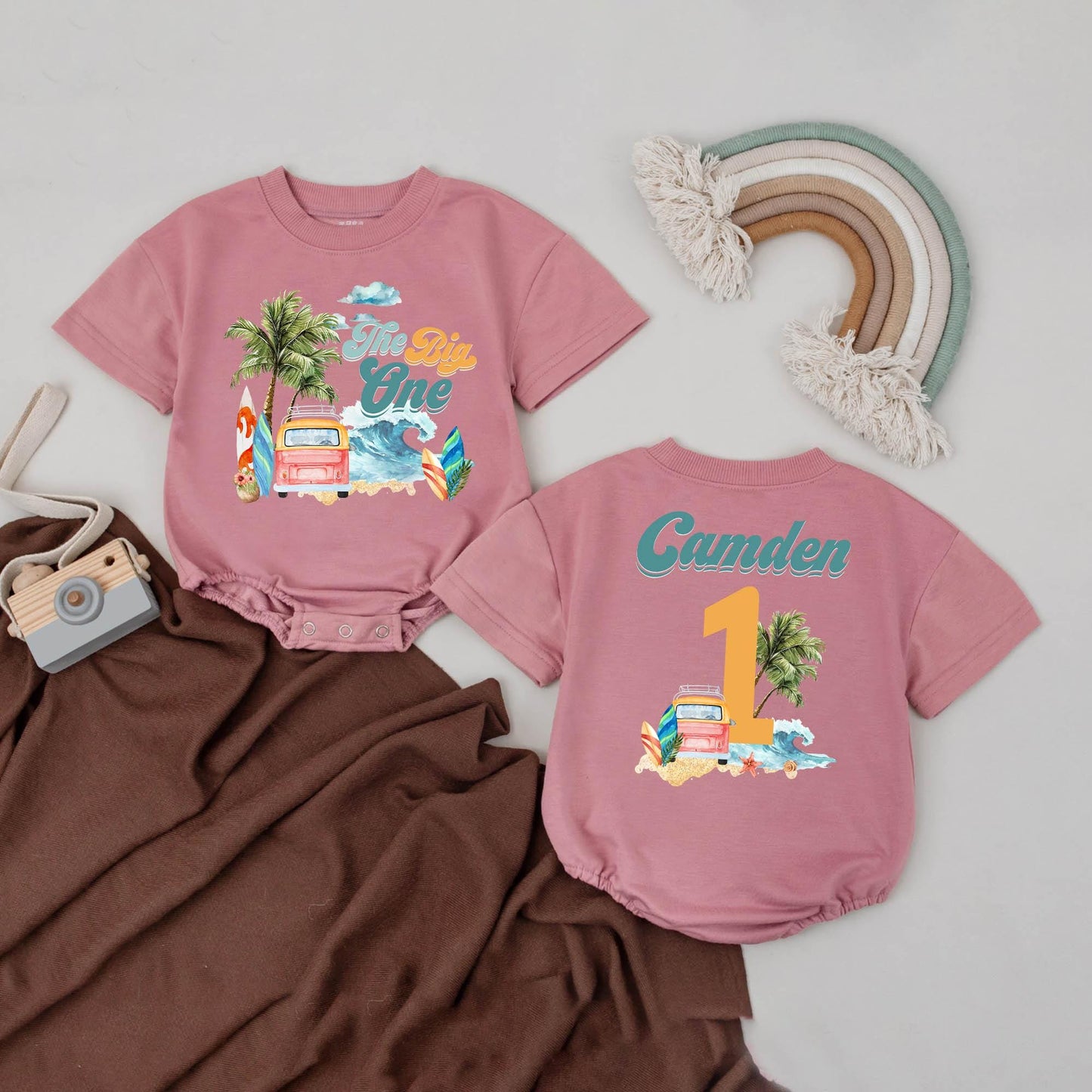 The Big One First Birthday Bubble Romper Surf Beach Theme Baby Outfit Custom Name Summer Milestone Clothes 2Sided