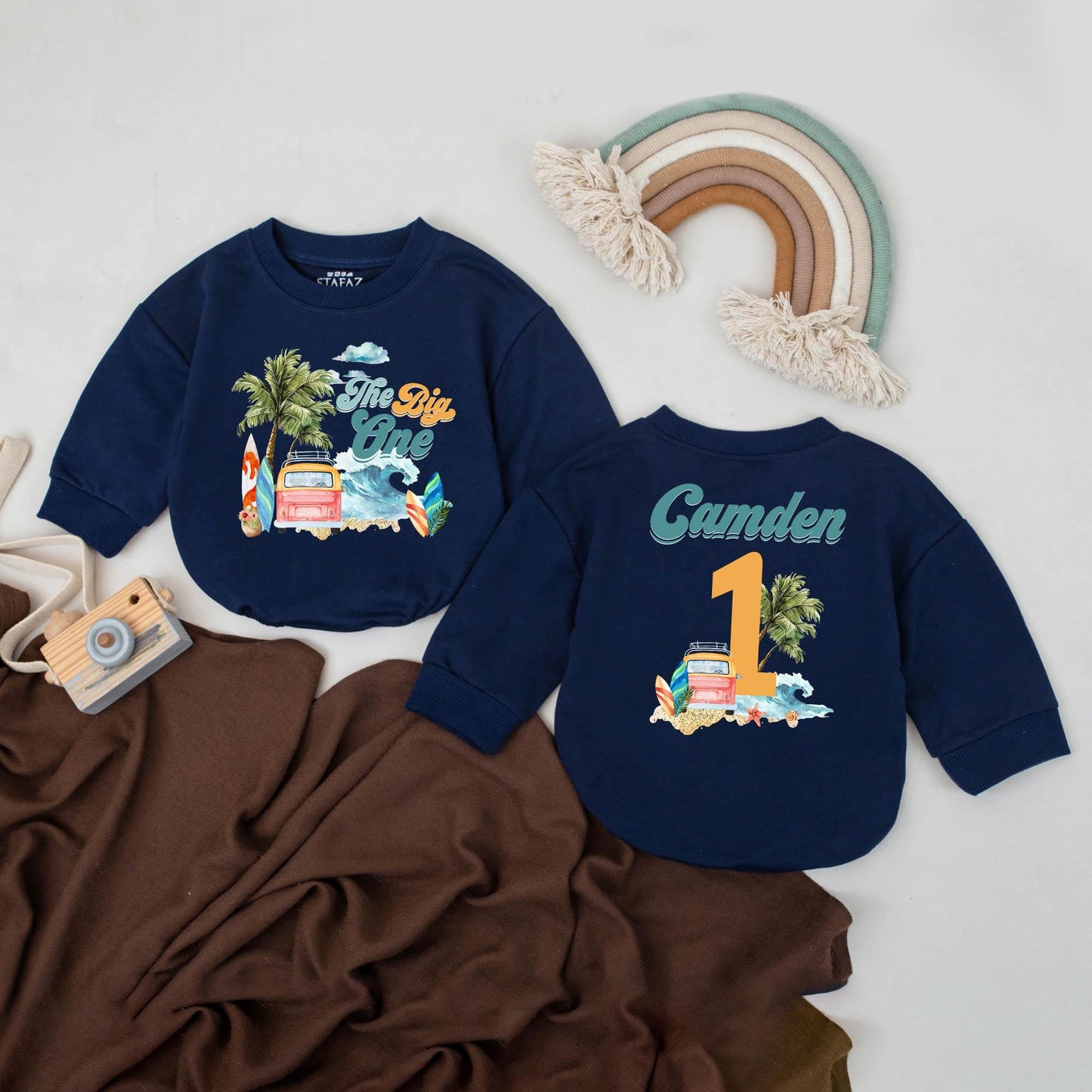 The Big One First Birthday Bubble Romper Surf Beach Theme Baby Outfit Custom Name Summer Milestone Clothes 2Sided