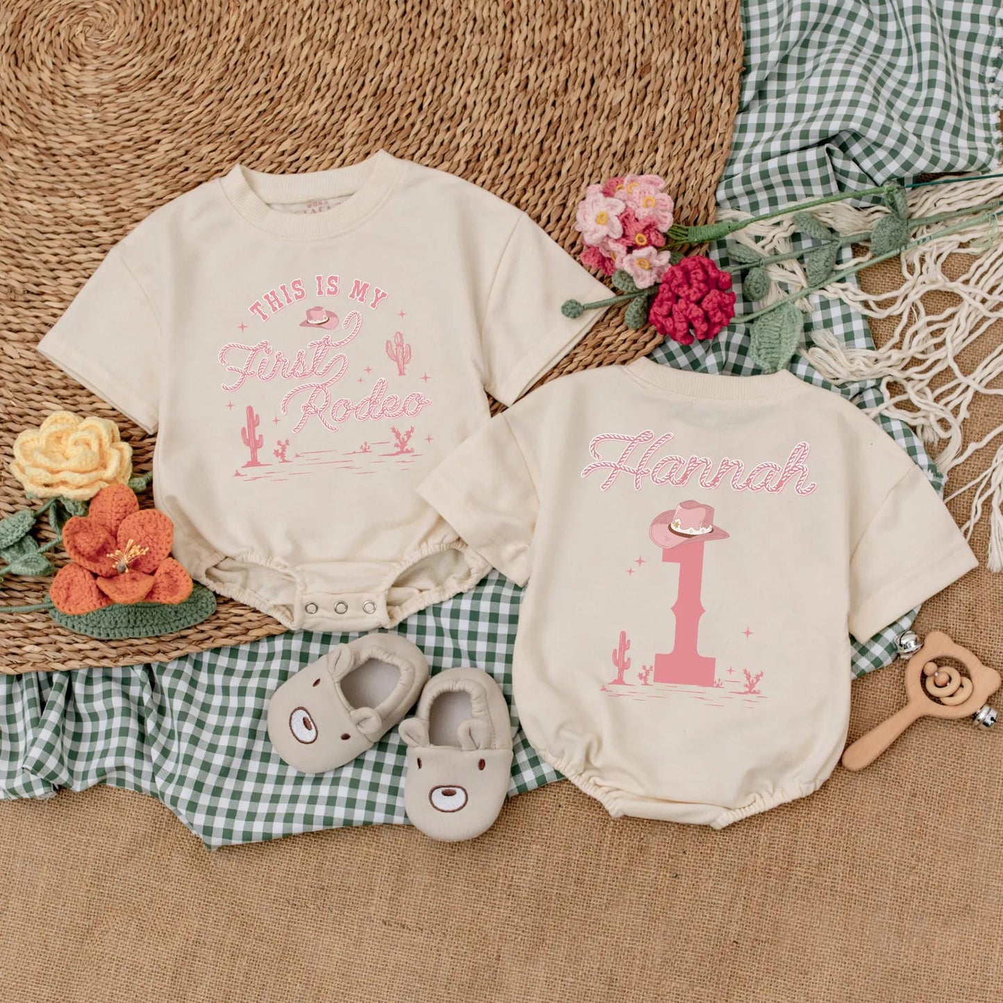 Custom Pink Cowgirl First Birthday Romper, This is My First Rodeo Bodysuit for Baby Girl, Western Birthday Party Outfit, Cute Gift