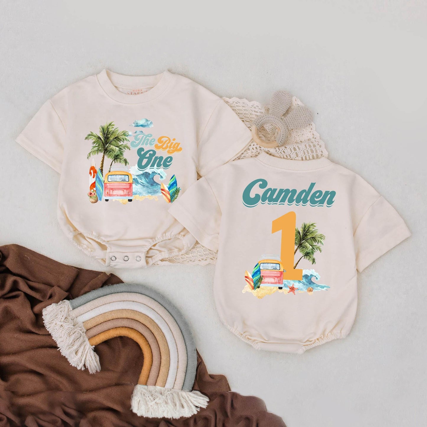 The Big One First Birthday Bubble Romper Surf Beach Theme Baby Outfit Custom Name Summer Milestone Clothes 2Sided
