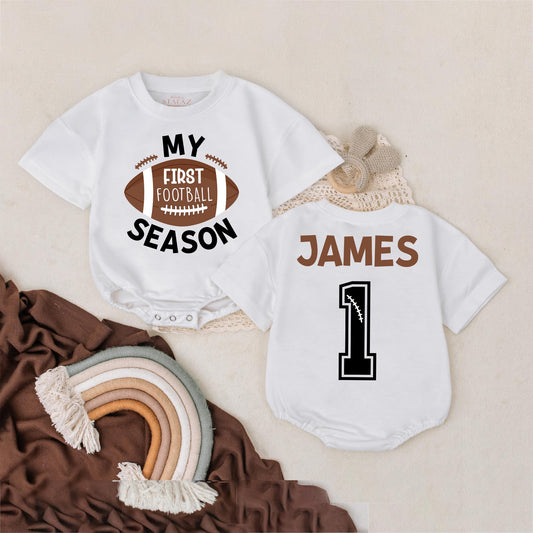 My First Football Season Romper Personalized Game Day Outfit Baby Boy Girl Bodysuit for 1 Year Down Football Party Gift