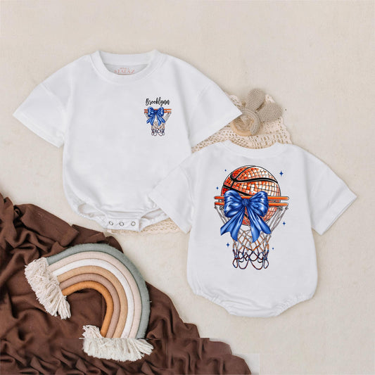Custom Basketball Game Day Romper Blue Bow Baby Boy Football Bodysuit Personalized Name Sport Vibes Sweatshirt Outfit