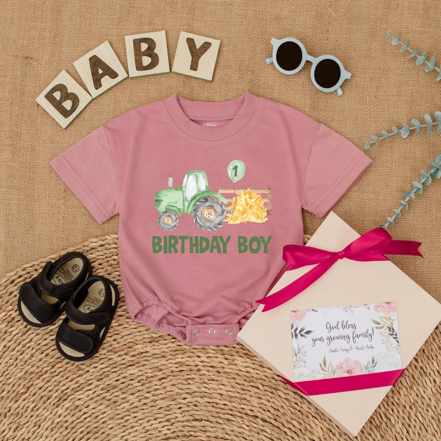 Personalized Green Tractor 1st Birthday Baby Romper Boy Outfit Farm Theme Gift, Custom Name on 1 Year Old Shirt, Party Clothes