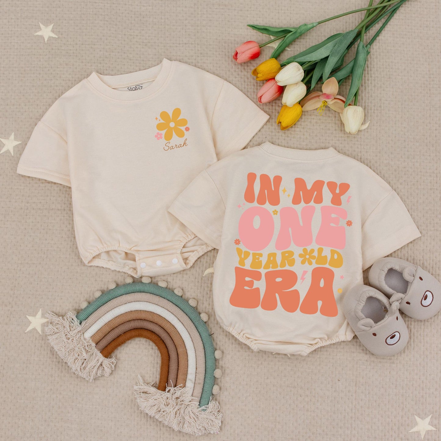 Custom Name One Year Old Era Romper, Retro First Birthday Girl Outfit, Personalized 1st Birthday Babysuit, Peach & Pink Floral Party, 138 chars