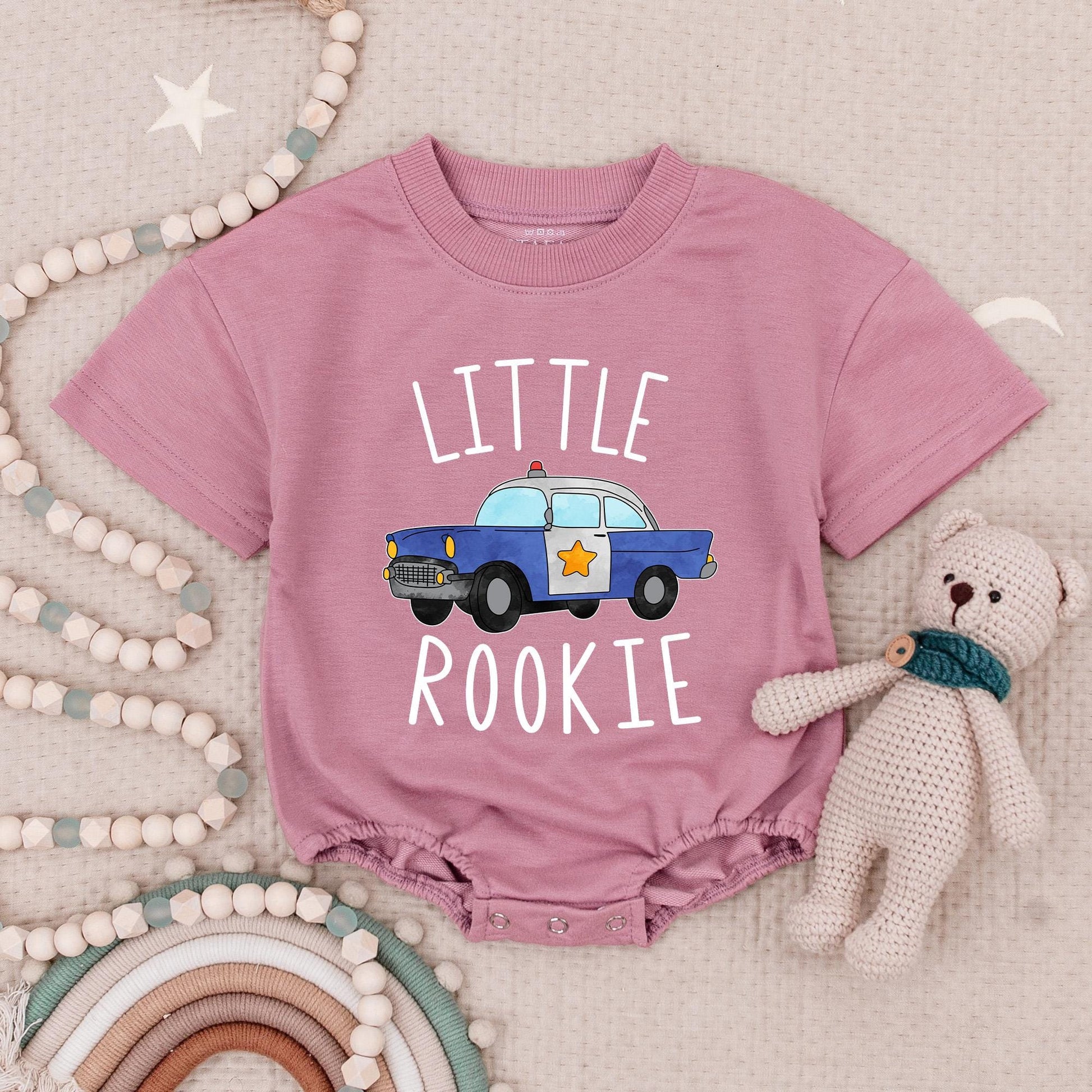 Little Rookie Police Car Baby Romper: Future Law Enforcement, Adorable Policeman Bodysuit for Baby Shower Gift, Comfortable Cotton, Blue & White, Red Siren (139 chars)