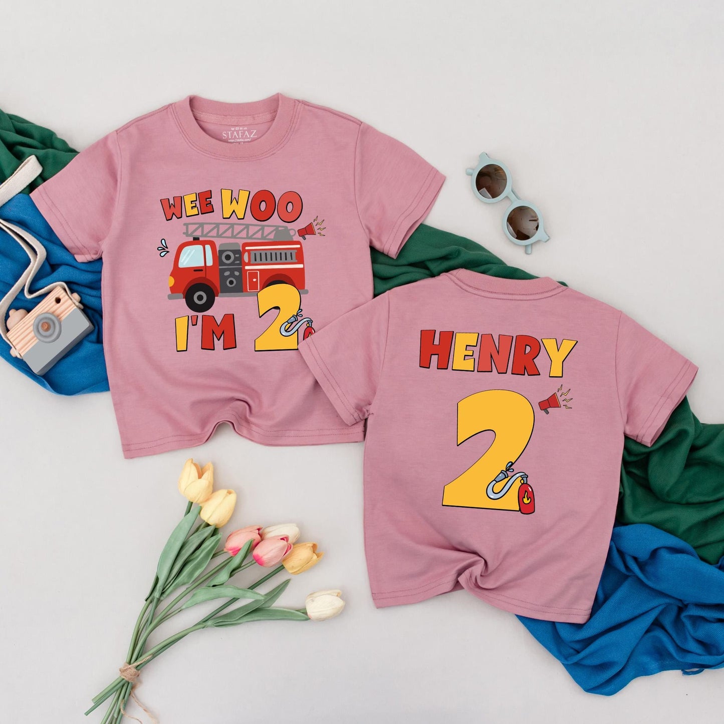 Personalized Wee Woo I'm Two Firetruck Birthday Shirt for Boys 2nd Birthday Fireman Toddler Tee Gift Idea