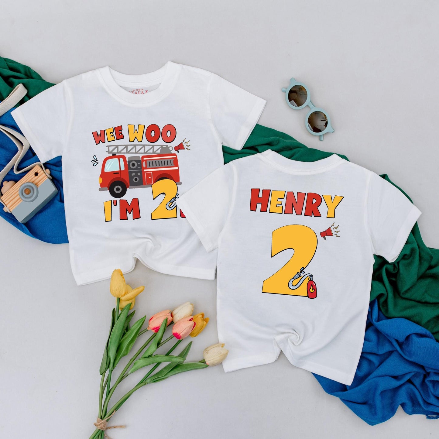 Personalized Wee Woo I'm Two Firetruck Birthday Shirt for Boys 2nd Birthday Fireman Toddler Tee Gift Idea