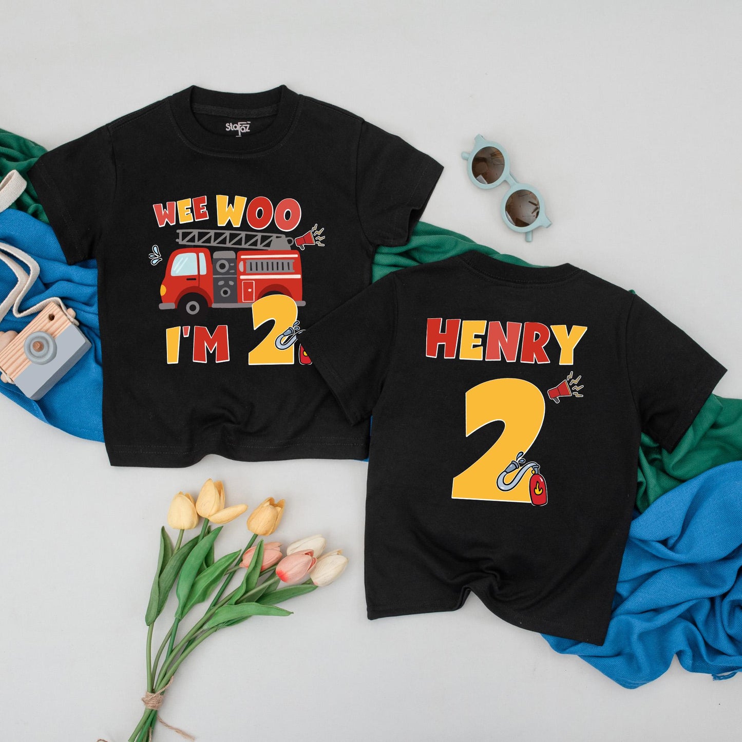 Personalized Wee Woo I'm Two Firetruck Birthday Shirt for Boys 2nd Birthday Fireman Toddler Tee Gift Idea